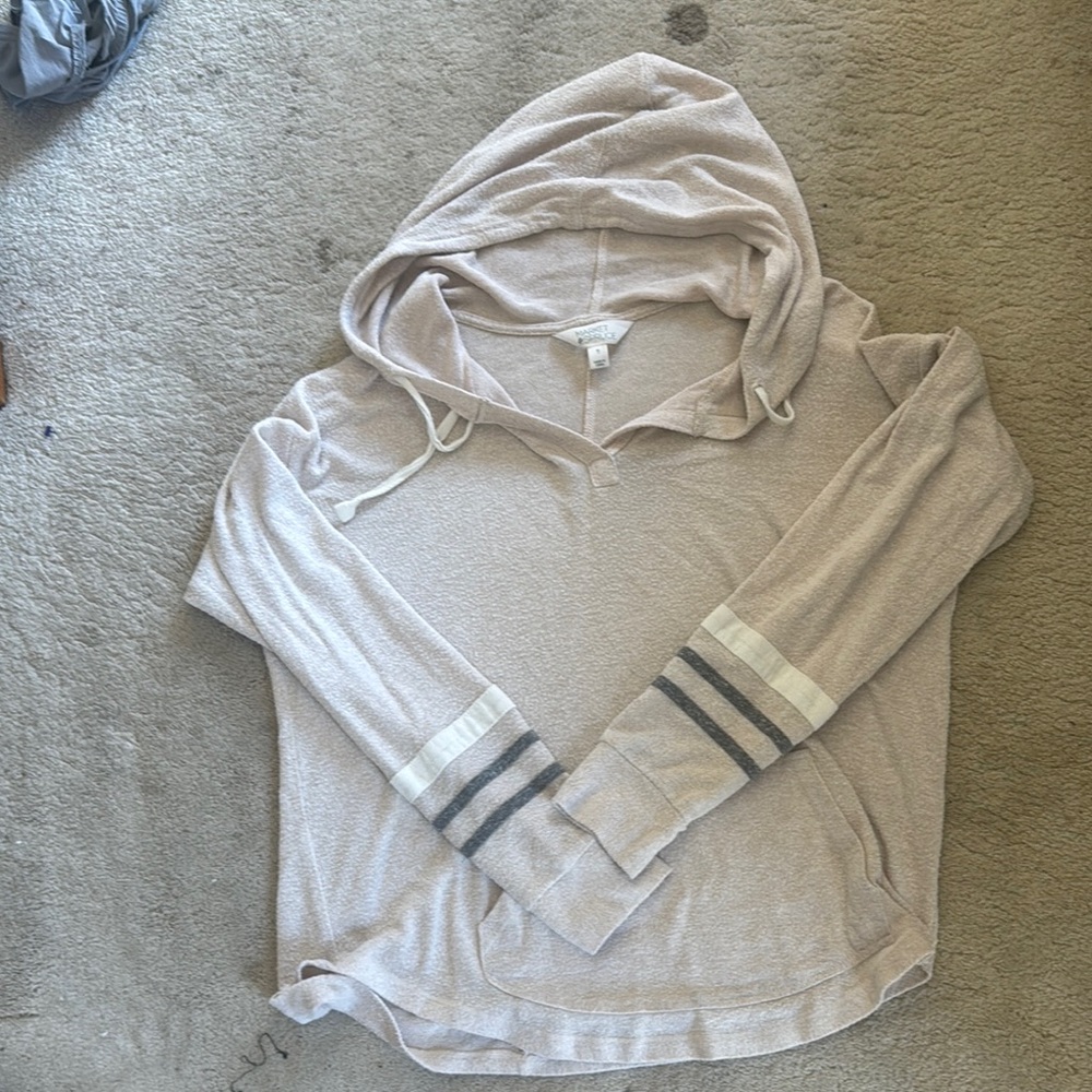 Market & Spruce Cream and Gray Hooded Sweater with Striped Cuffs